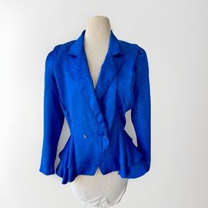 Vtg 90s Peri Royal Blue Satin Jacquard Peplum Ruffle Top 14p Jacket Floral NWT